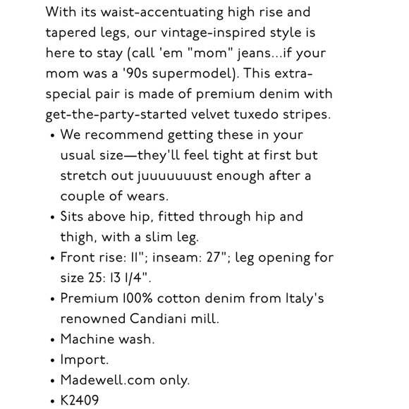 Madewell Perfect Vintage Jean Velvet Tux Stripe Edition - Picture 11 of 14